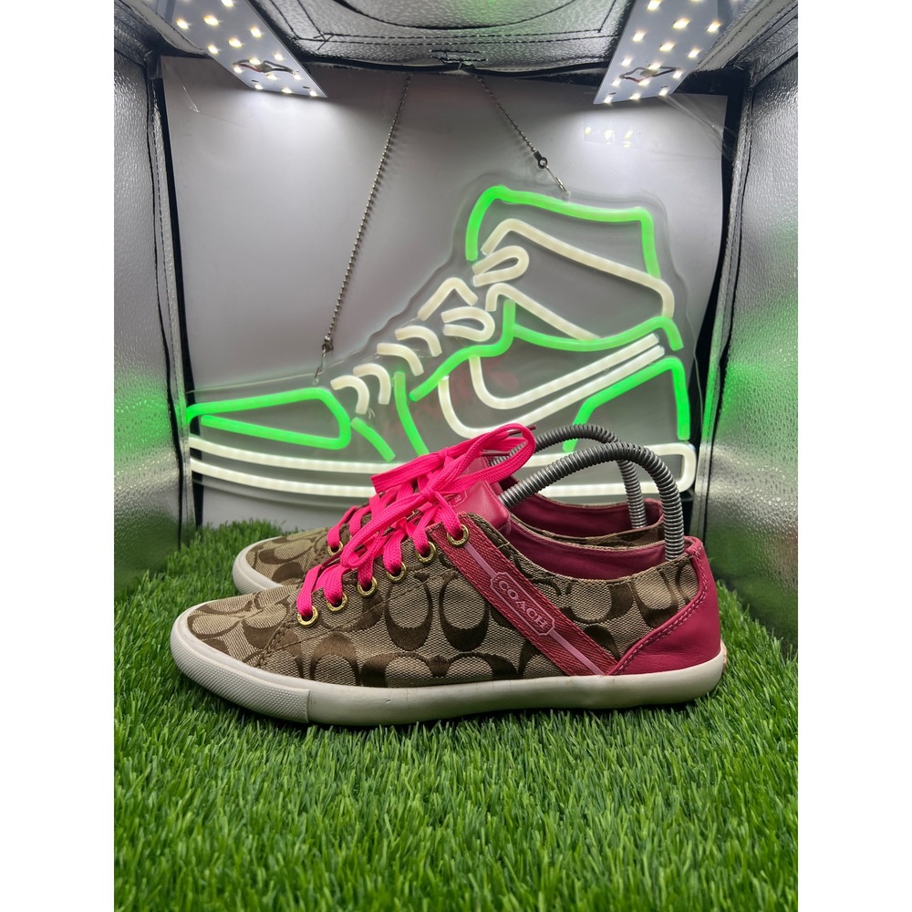 Coach Lesley Khaki Pink Signature C Monogram Canvas Low Top Sneakers 8.5B Q1402